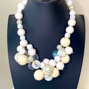 White cream pearl like beads crystals bubble like bib necklace Statement piece